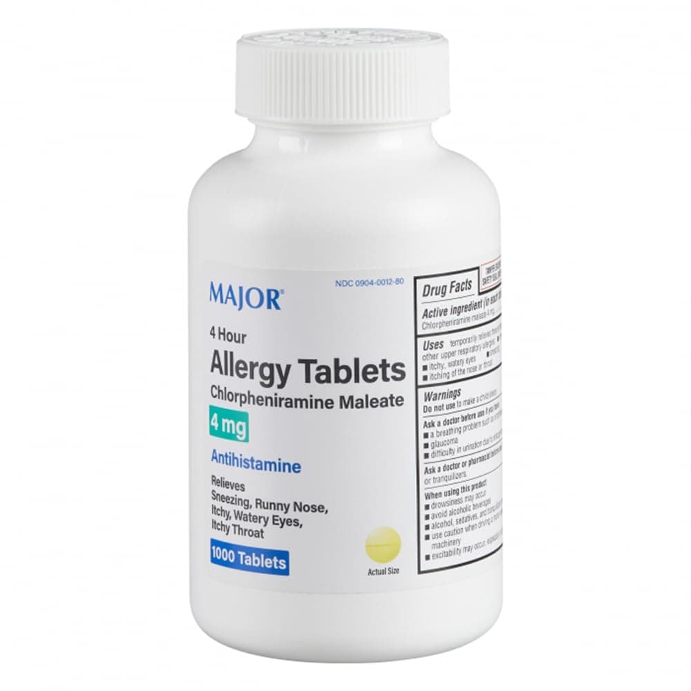 MAJOR 4 Hour Allergy Tablets - Chlorpheniramine Maleate - 4 mg - Antihistamine - 1000 Count (1 Pack)