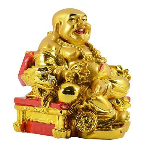 Sethi Traders Golden Sitting Laughing Buddha Figurines Happy Man Feng-Shui with Money Coin and Wealth