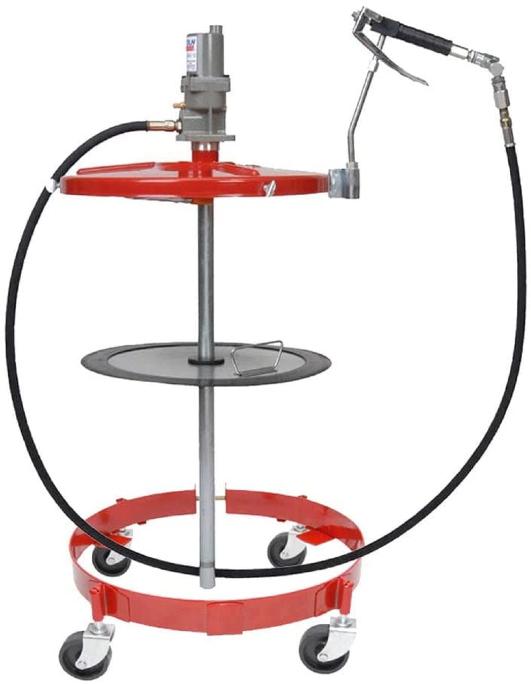 Lincoln 4417 Pneumatic Single Acting Grease Pump with Drum Dolly, for 120lb Drums, 40:1 Ratio, 7' High Pressure Hose, Control Valve, Universal Swivel and Coupler, Standard Follower, 4 Casters