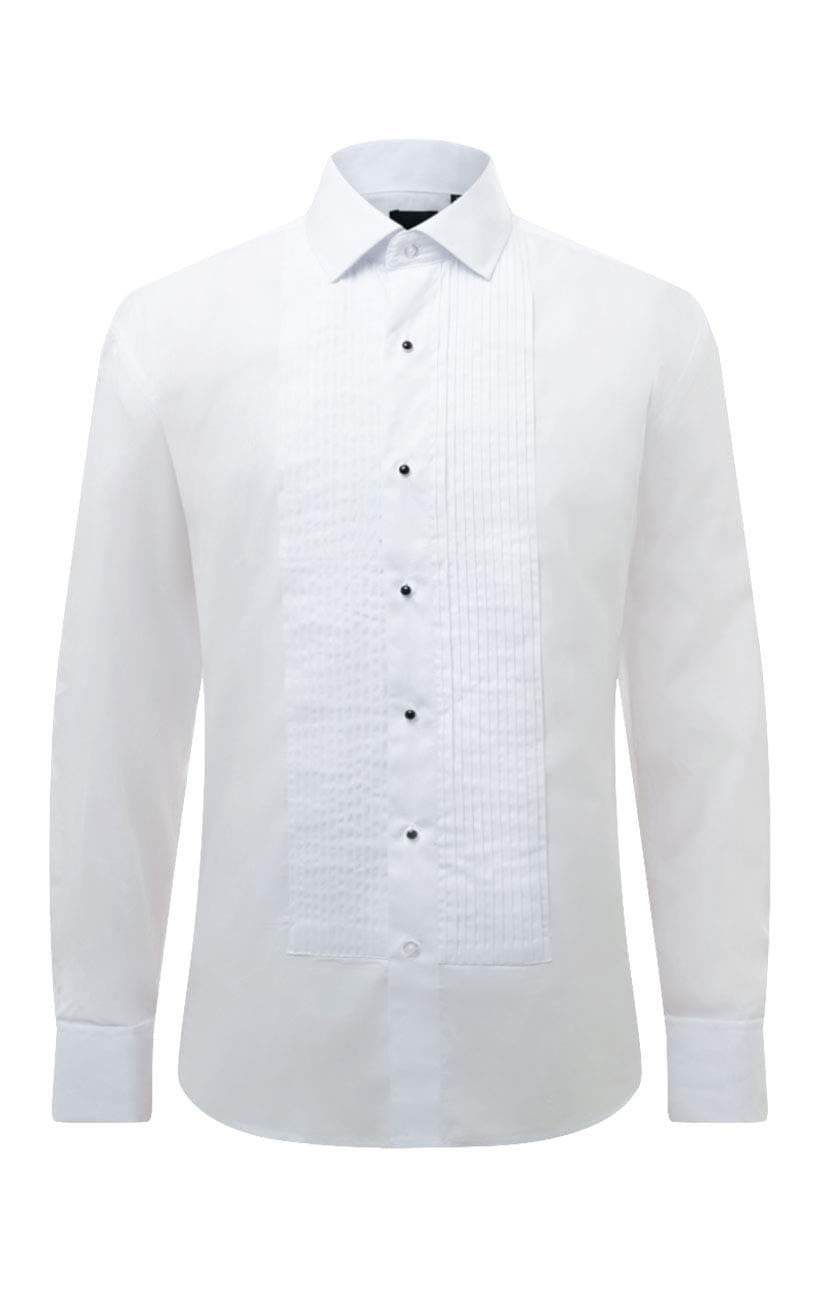 Mens White Dress Shirt Regular Fit 100% Cotton Standard Collar Pleated Stud Button Front Double Cuff