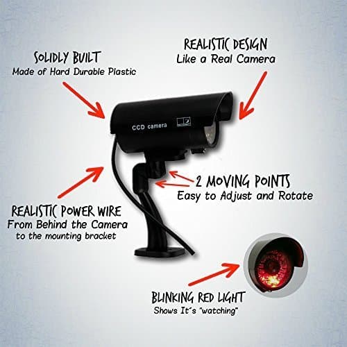 Sureina Waterproof Fake Security Black Metal Look CCTV with Realistic Simulated LEDs, Blinking Red Light