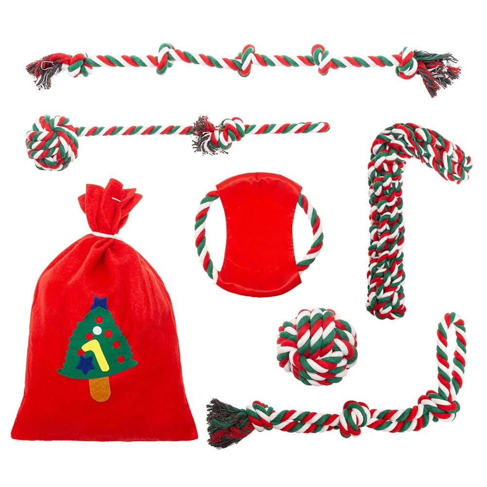 PAWCHIE Christmas Rope Dog Toys 6 Pack Xmas Dog Chew Toys and Training Toys Including Rope Toys & Frisbee for Medium to Large Dogs