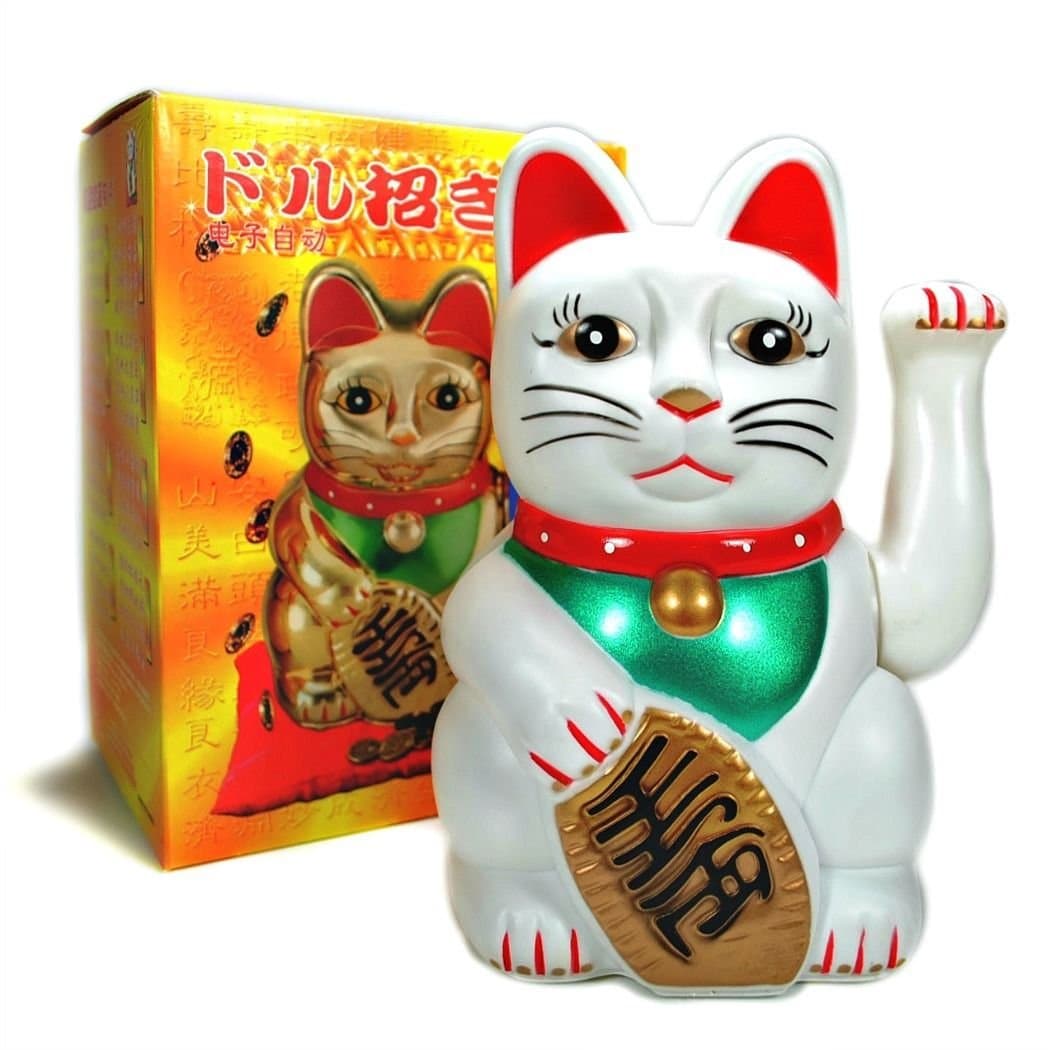 Monkey King White Feng Shui Lucky Cats Lucky Beckoning Waving Wealth Cat Maneki Neko 5" Tall