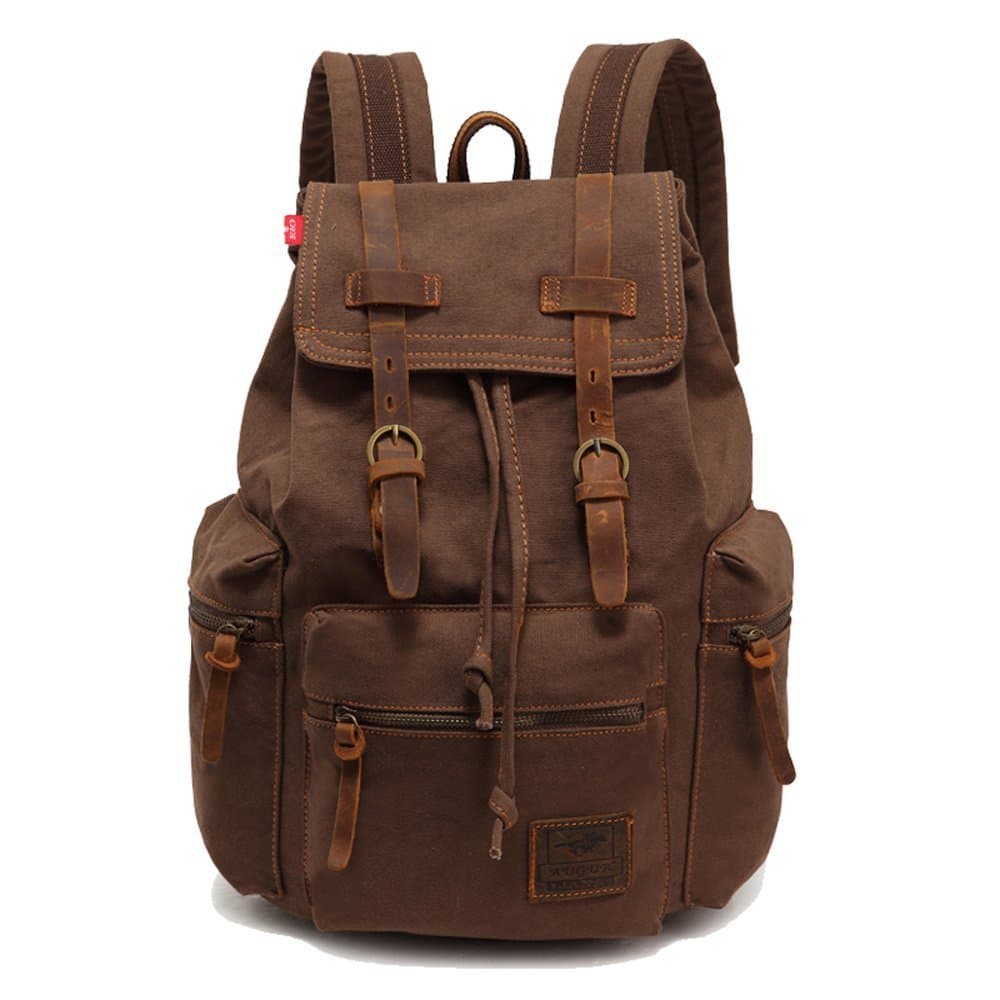 Vintage Unisex Casual Leather Backpack Canvas Rucksack Bookbag Satchel Hiking Backpack Travel Outdoor Shouder Bag