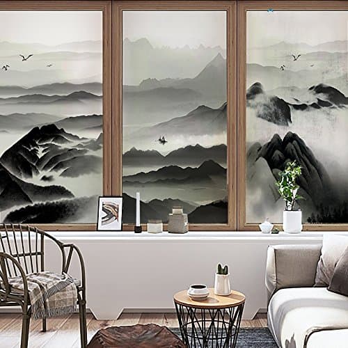 YL Stained Glass Decorative Window Film, Premium Static Cling No-Glue Stained Glass Decorative Window Film, Vinyl Scrub Privacy Window Film，Three pieces of set:A+B+C (45CM60CM, Ink landscape)