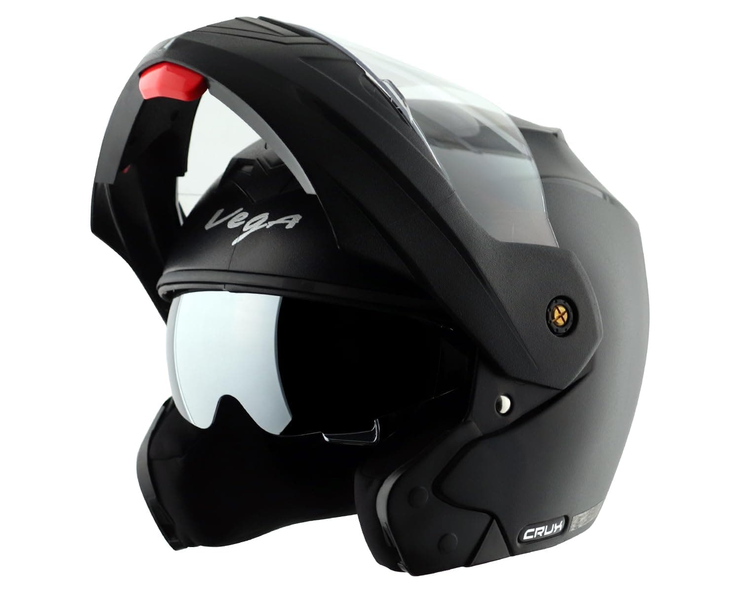 Vega Crux Dual Visor Flip Up Motorcycle Helmet with Lightweight Shell, Flip-Up Chin Guard, Dual Visor System, Shock Absorbing Interior, Ventilated Fit, and Trendy Black Finish Black -L