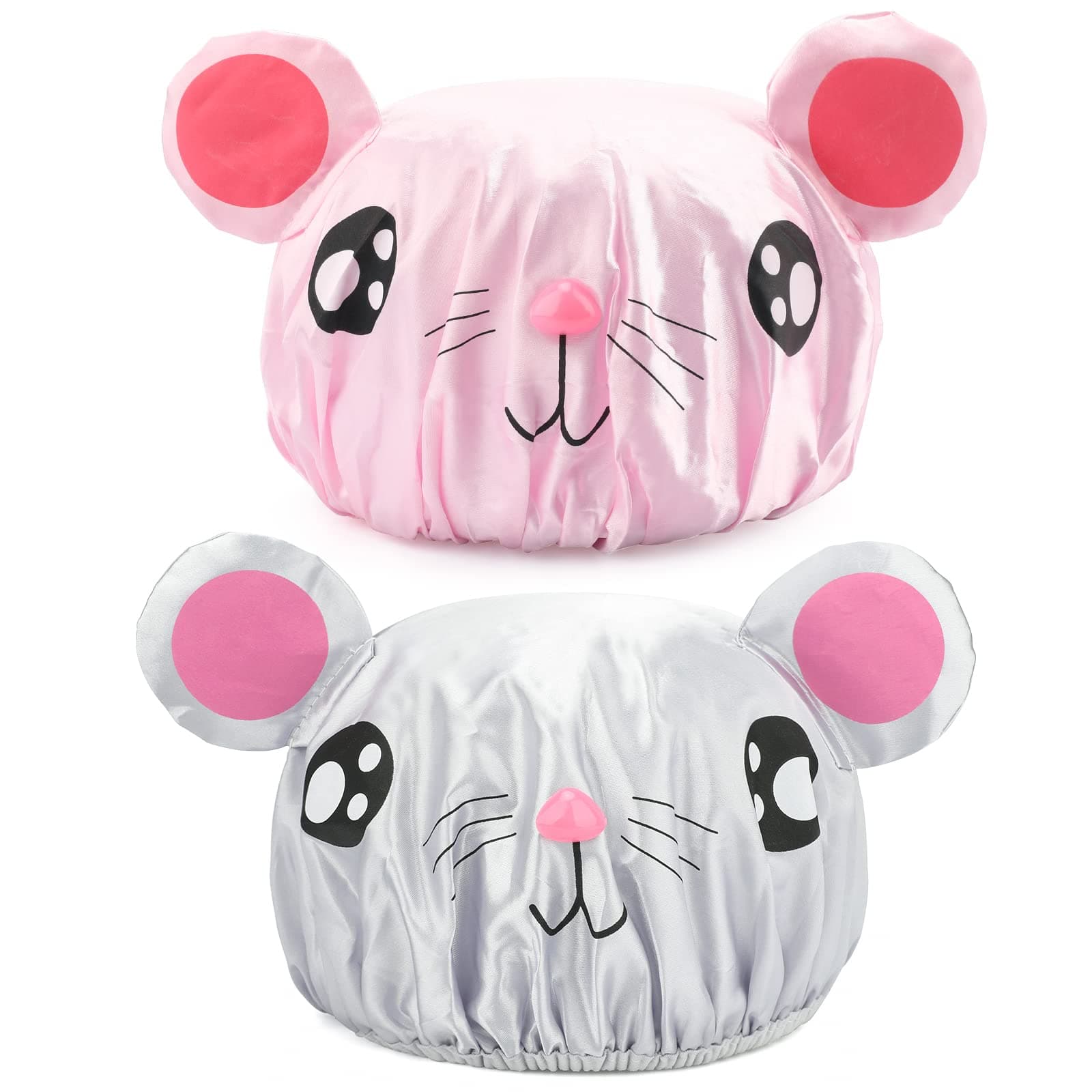 2 Pieces Cute Kids Shower Cap, Funny Cartoon Bath Hat ,Boys or Girls Waterproof Shower Bath Caps (Gray Mouse + Pink Pig)