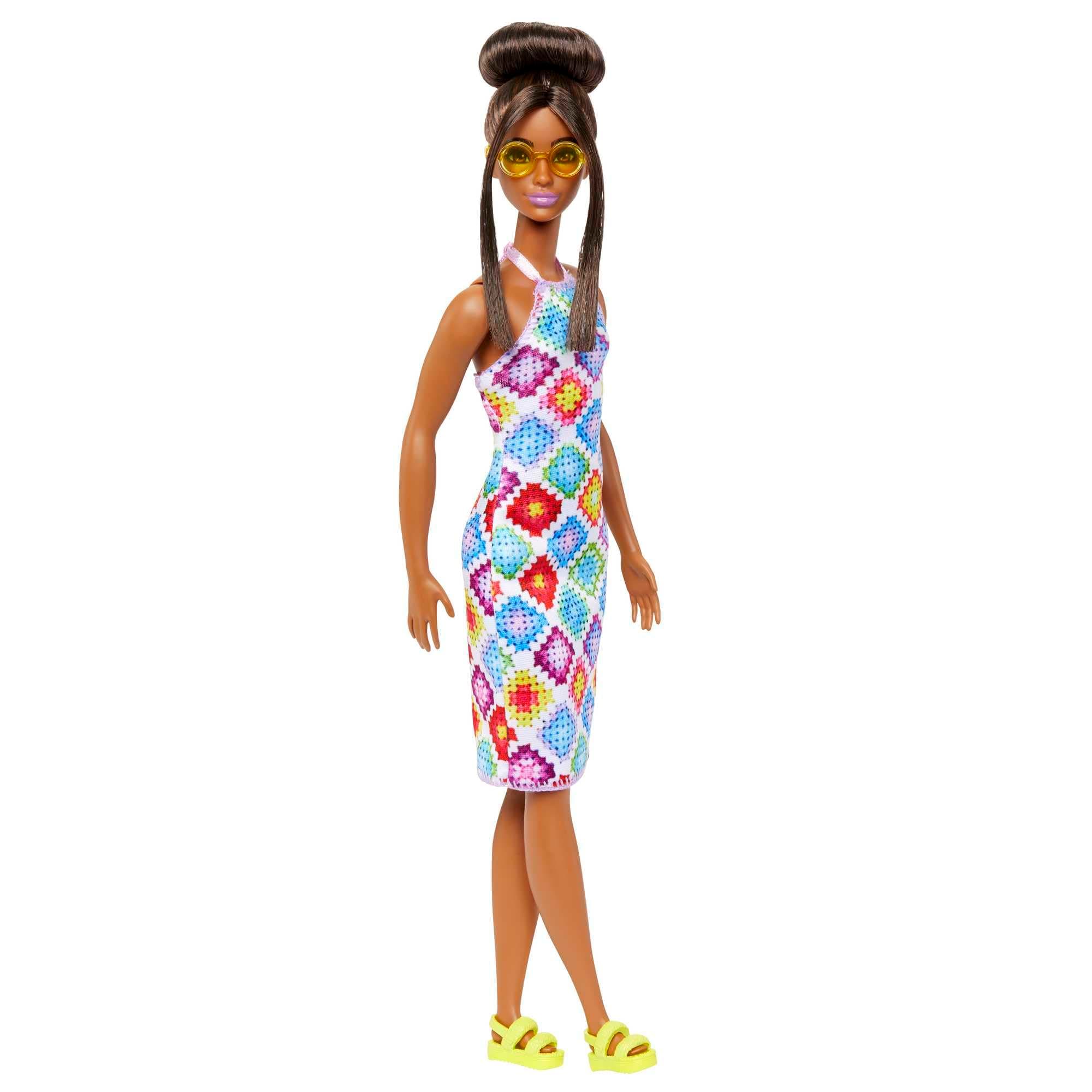Barbie® Fashionistas™ Doll #210 with Brown Hair in Bun, Wearing Colorful Crochet Halter Dress, Sunglasses and Sandals