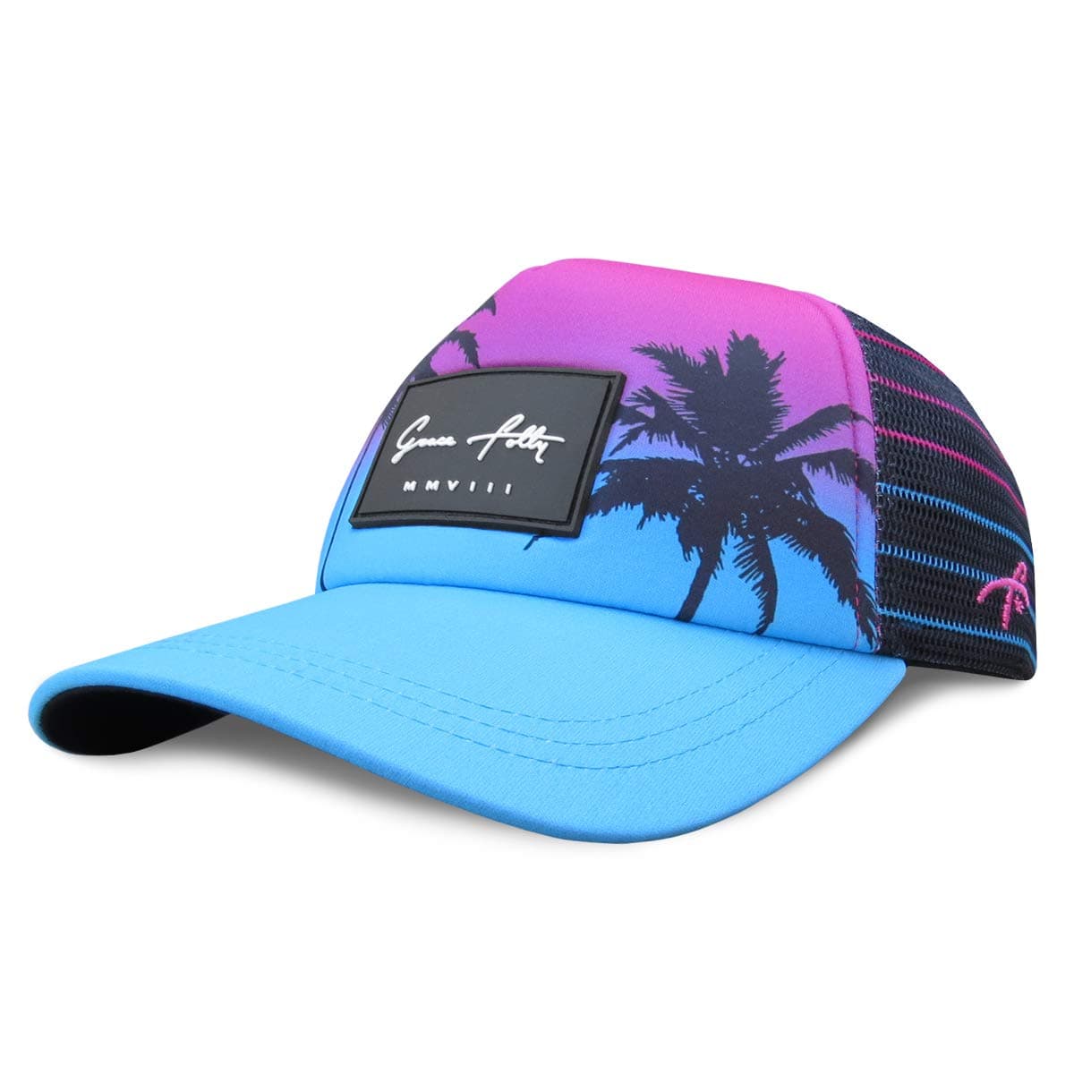 Grace Folly Trucker Hat for Men & Women. Snapback Mesh Caps, Palm- Pink & Teal, One Size
