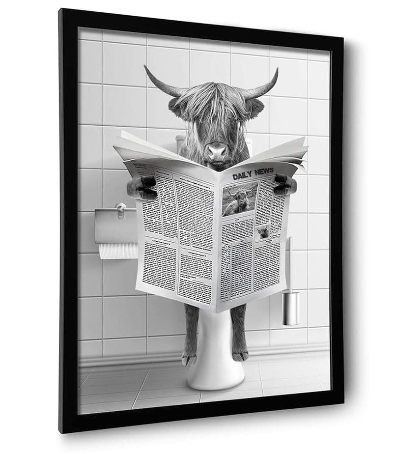 Framed Bathroom Decor, Highland Cow Wall Art in Picture Frame, Funny Bathroom Wall Art Signs, Black and White Canvas Print Ready to Hang (Framed,11''x14'')