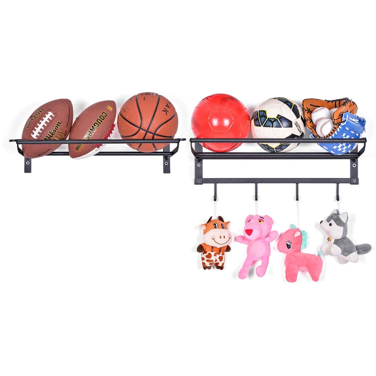 Sunix Sports Equipment Storage, Ball Storage Rack Basketball Holder Wall Mount Shelf with Hooks, 2 Racks, Black