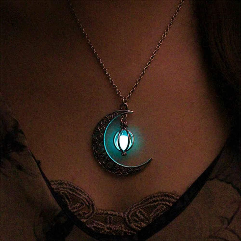 AimimierAimimier Luminous Moon Necklace Stone Pendant Necklace Halloween Fluorescent Necklace Glow in The Dark Accessories for Women Teens Girls