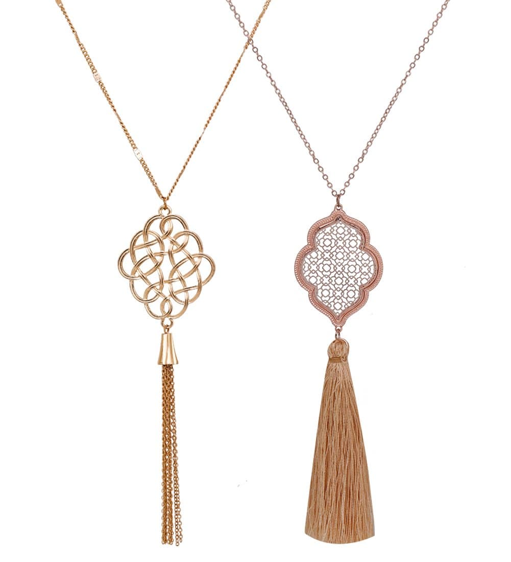 2Pcs Long Chain Pendant Necklace Set, Filigree Quatrefoil and Celtic Knot Pendant Tassel Y Necklaces for Women