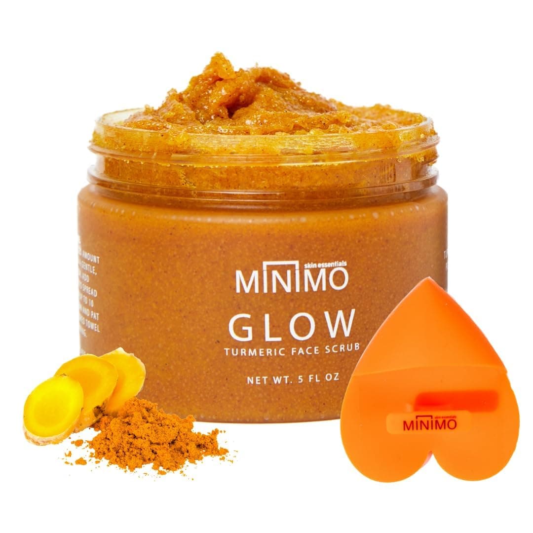 Minimo Glow Turmeric Face Scrub (Unscented) With Heart Applicator - Infused with Turmeric, Manuka Honey, Cinnamon, and Chamomile - Face Scrubber for All Skin Types - 5 FL OZ (147 ML)