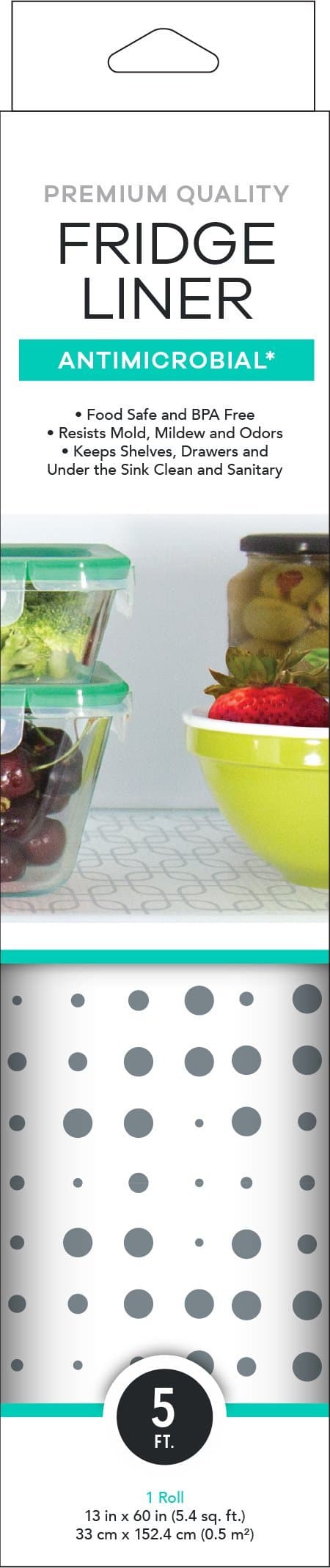 Mindfull Products Antimicrobial Fridge Shelf Liner, BPA Free, Cut to Fit, 13" x 60", Blue/Grey Dots