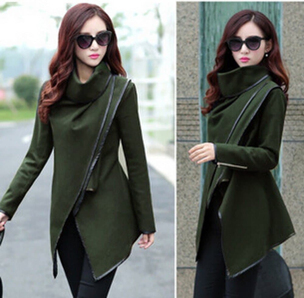 Winter Autumn Women Woolen Coat Female Warm Wool Long Sleeve Overcoat Jacket (XXL, Army Green)
