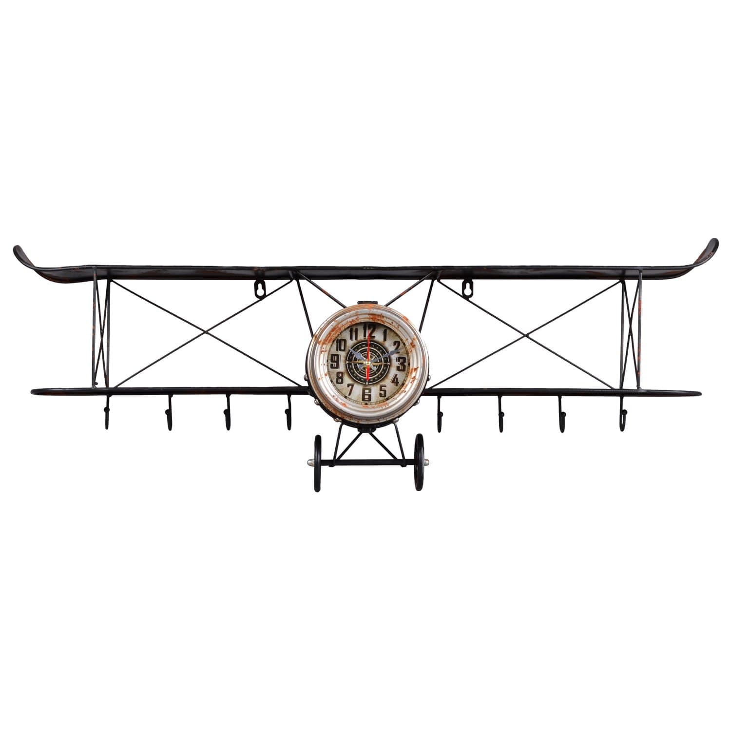 Utopia Alley Biplane Wall Clock, Metal with Distressed Antiqued Vintage Finish, Black