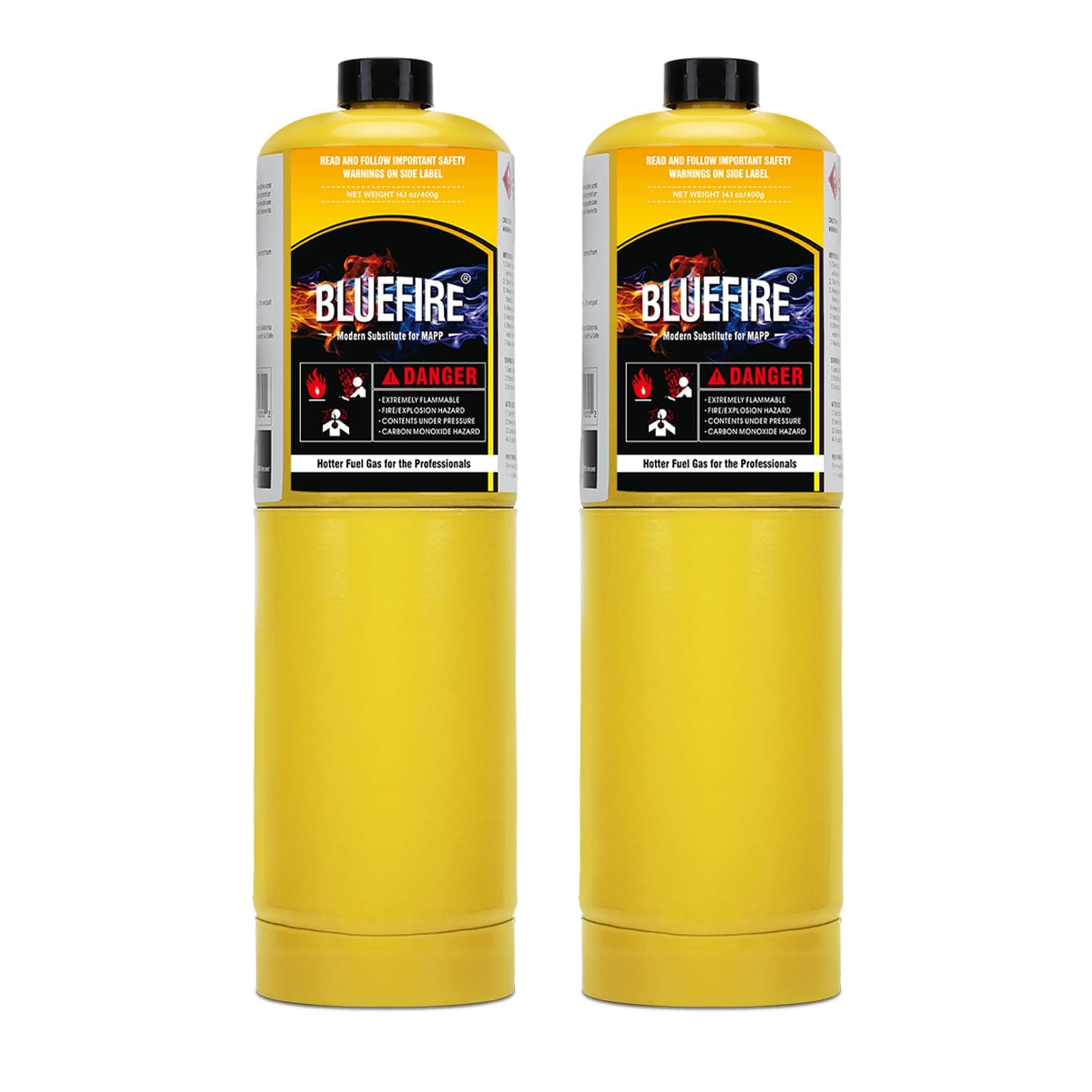 BLUEFIRE (2) 14.1 oz Modern MAPP Gas Cylinder 99.9% High Purity Propylene Equal to MAP-PRO Hotter than Small Propane Tank Torch Fuel Various Packages Available MAP GAS Cylinder Torch Kit Pack of 2