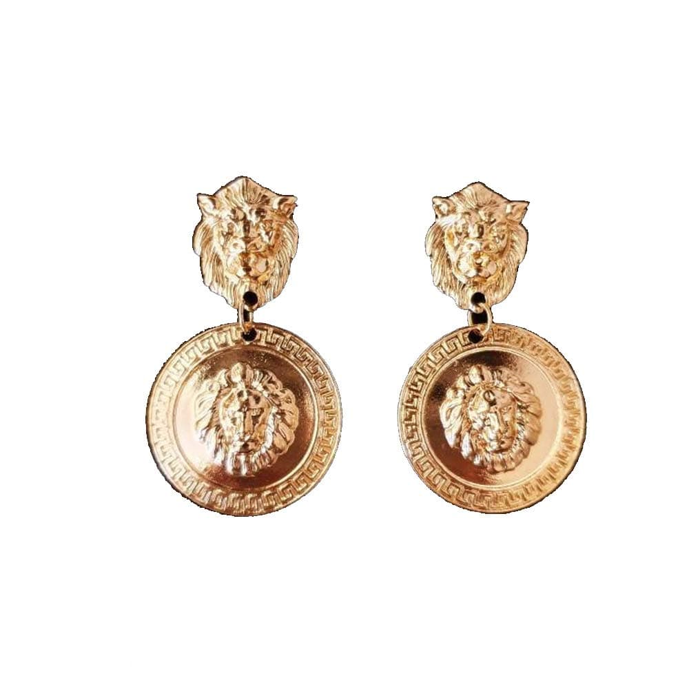 Lion Head Earrings Big Coin Gold Circle Dangle Baroque Animal Earrings Vintage 80's Women Accessories Gift