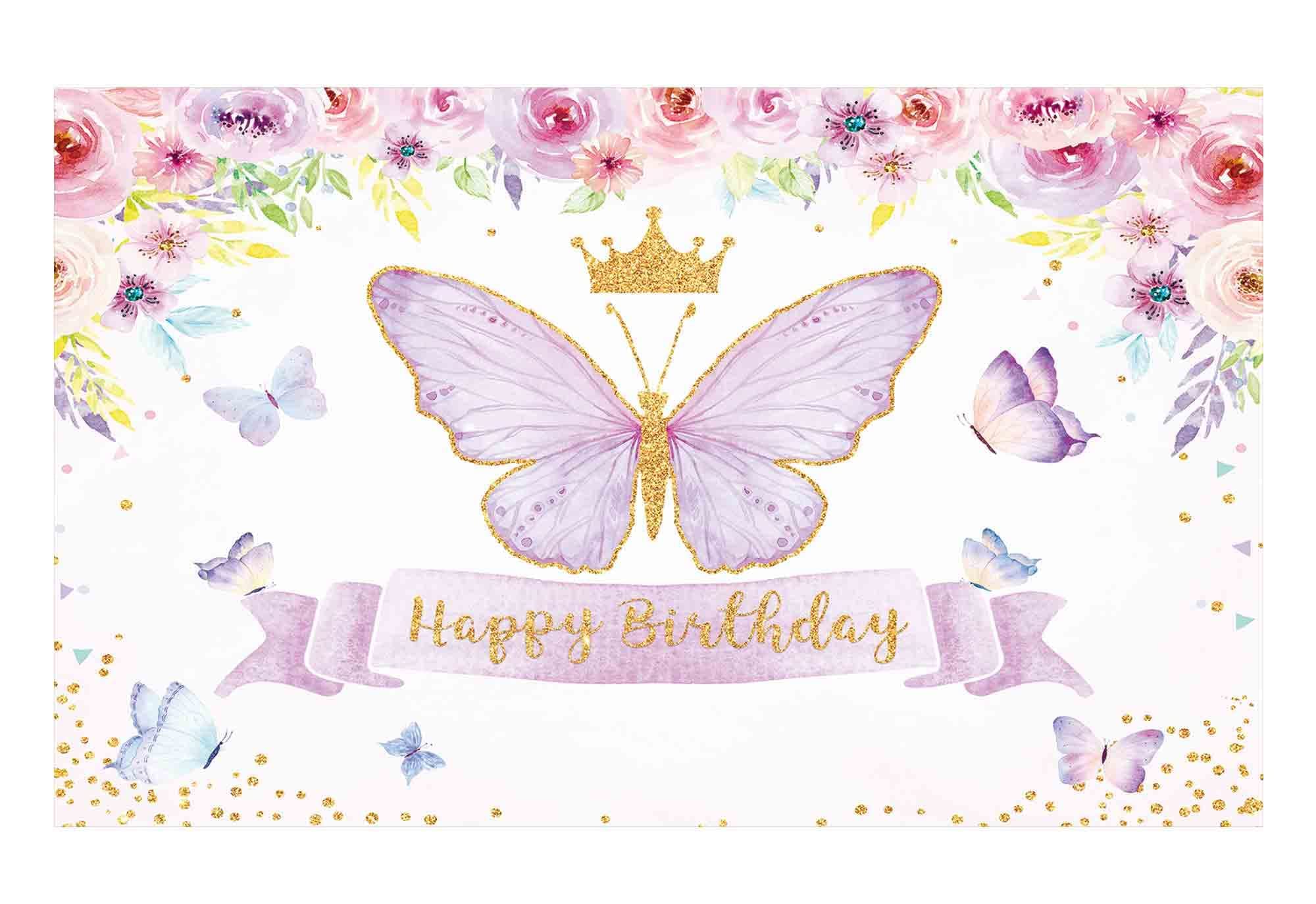 Funnytree Happy Birthday Butterfly Party Backdrop Purple Baby Girls Princess Pink Rose Floral Gold Photography Background Kids Sweet Cake Table Banner Decor Supplies