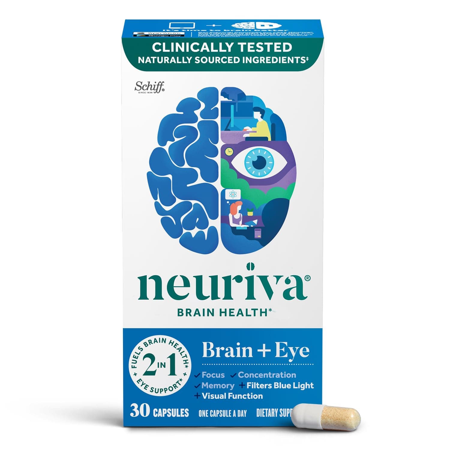 Brain + Eye Supplement for Memory, Focus & Concentration with Lutein & Vitamins A C E and Zinc for Eye Health & Zeaxanthin to Filter Blue Light, 30ct Capsules