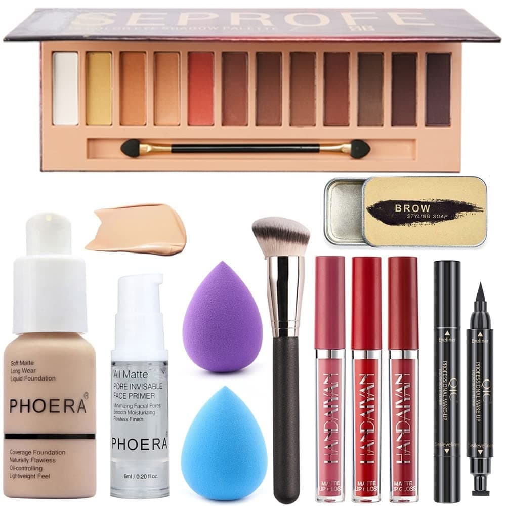 HQDA All-in-One Makeup Set: 12-Color Eyeshadow Palette, Matte Foundation, Face Primer, 3-Color Liquid Lipstick, Eyebrow Soap, Winged Eyeliner Stamp, Makeup Brush, Makeup Sponge (Set A)