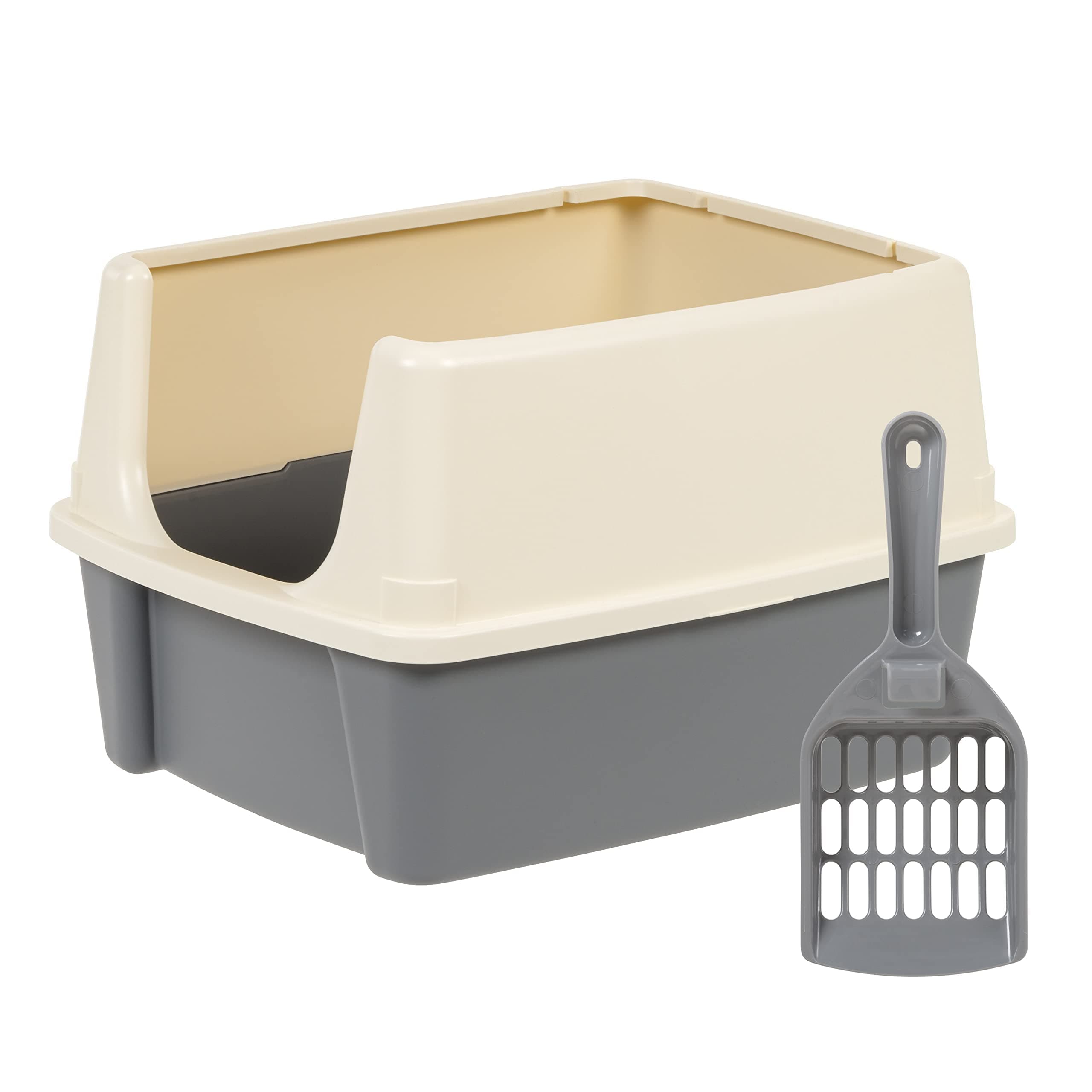 - Amazon Basics Large Cat Litter Box with High Sides, Open Top for Easy Access, Includes Scoop with Storage, 19" x 15" x 11.75", Grey/Beige