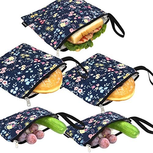 Reusable Sandwich Bags Washable - Cloth Reusable Snack Bags Dishwasher Safe Lunch Bags Food Pouch with Zipper, Set of 5 pcs (Flower)