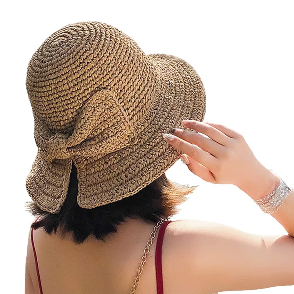 BseashFoldable Wide Brim Floppy Straw Beach Sun Hat,Summer Cap with Bowknot for Women Girls,Strap Adjustable