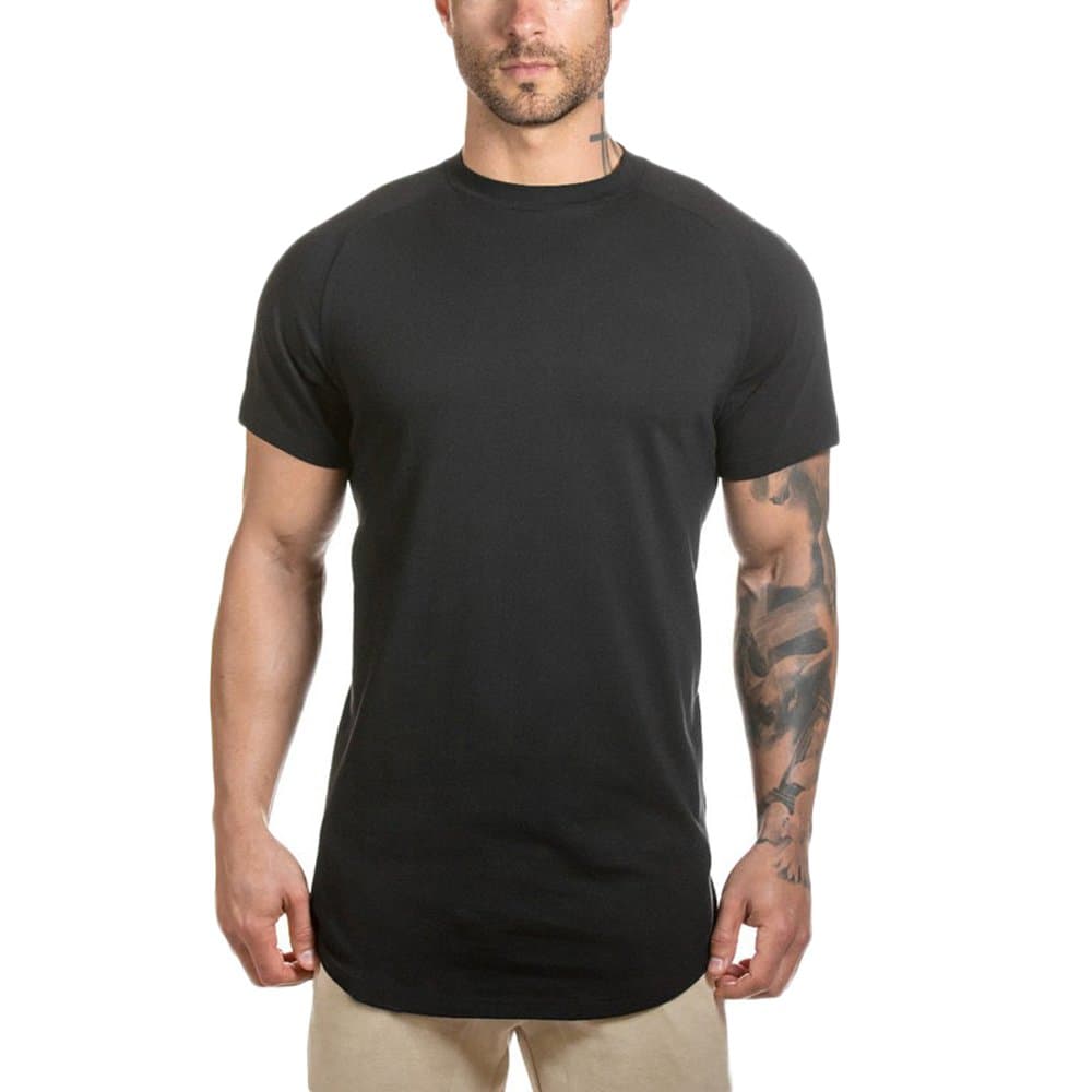 Mens Hipster T Shirts Workout Longline T-Shirt Curved Hem Top Tees Shirt