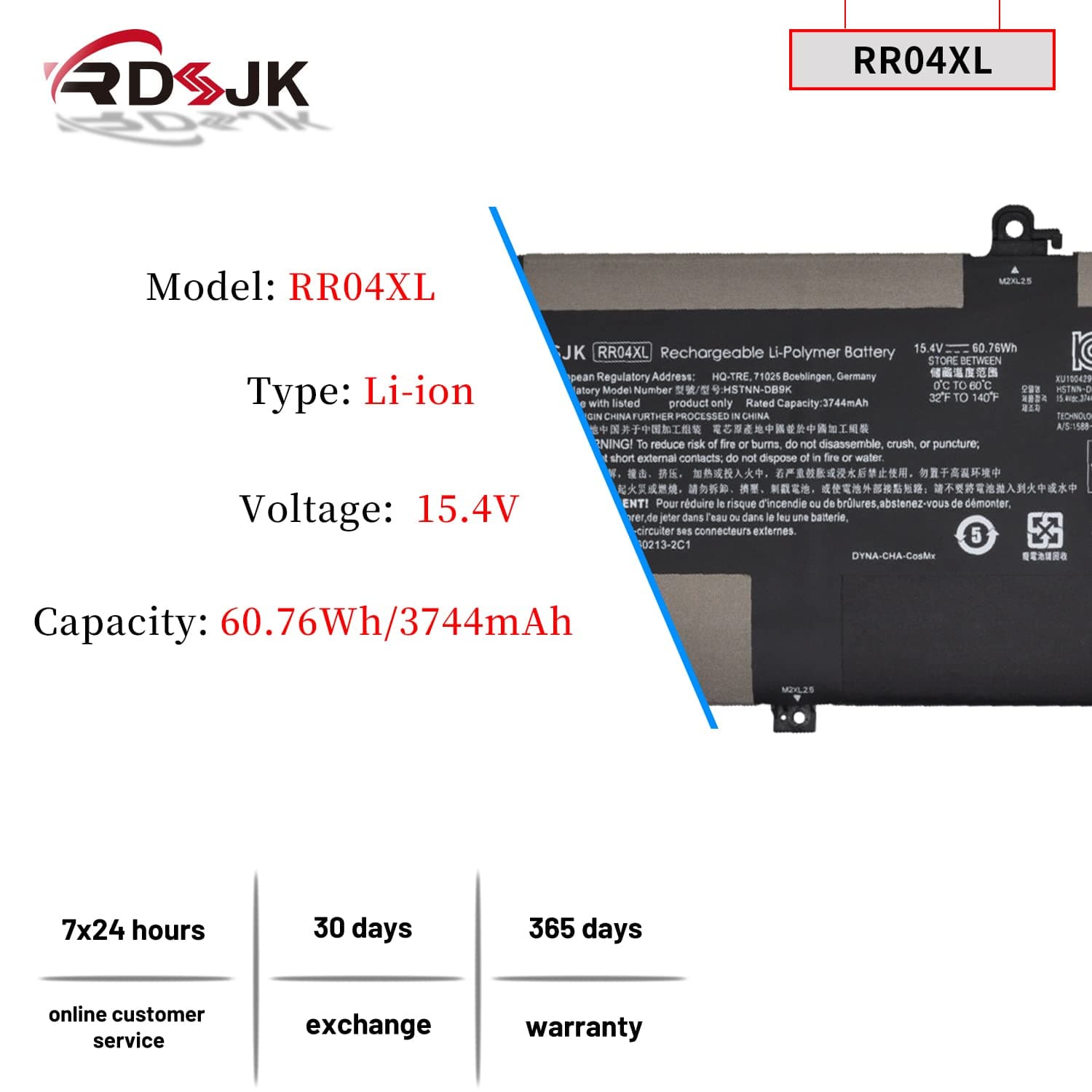 RR04XL Laptop Battery for HP Spectre X360 13 13-AW 13-AW0000 13-AW0900 13-AW0001LA 13-AW0023DX 13-AW0105NC 13-AW0200ND 13-AW0015NG 13-AW0050TU HSTNN-OB1M HSTNN-DB9K L60213-AC1 L60373-005 15.4V 60.76Wh