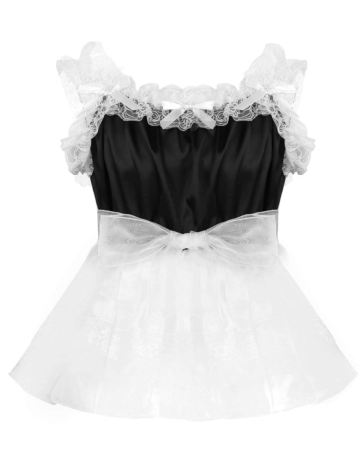 Men's Sissy Crossdress Lingerie Frilly Satin Lace Tulle Mini Dress Smooth Nightdress Babydoll