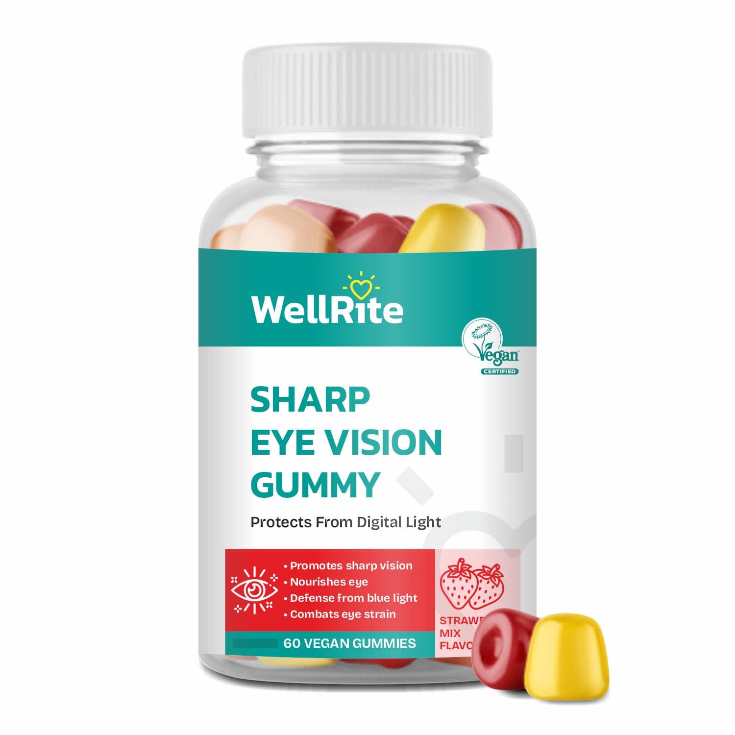 Sharp Eye Vision Gummy Vitamins, 60 Count, Strawberry Mix Flavored, Vegan, Gelatin Free, Gluten Free, Nut Free, Promotes Sharp Vision, Defense from Blue/Digital Light, Combats Eye Strain