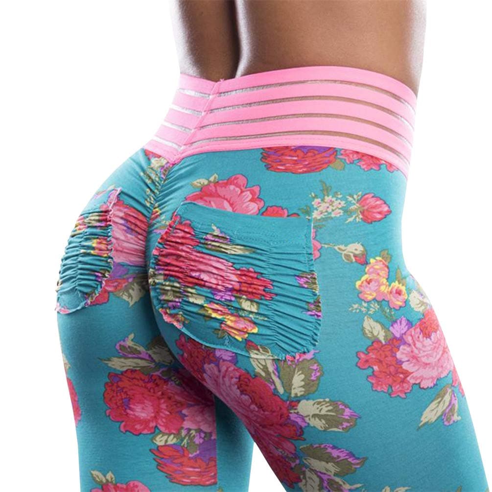 Womens Ruched Butt Lifting Leggings Floral High Waisted Workout Sport Tummy Control Gym Yoga Pants