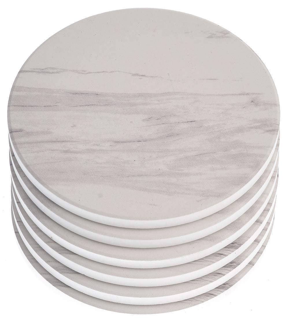 Giftale Absorbent Ceramic Coasters for Drinks Large Size 4.2" in Diameter - Great Gift for Home White Marble Design with Cork Back Coasters Protection from Drink Rings,Pack of 6