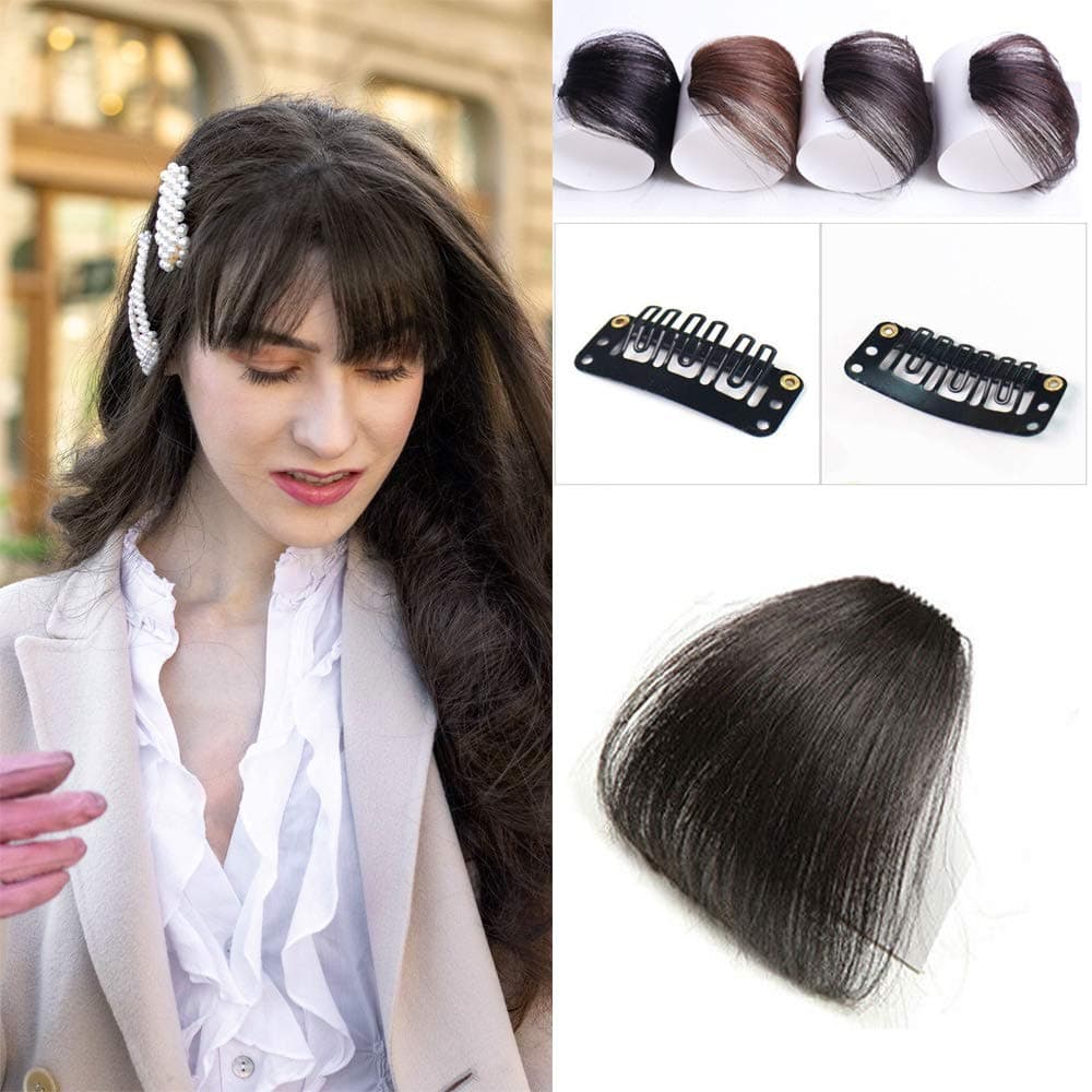 Reysaina Human Hair Bangs Clip in Hair Extensions Darkest Brown Flat Bangs Human Hair Wispy Bangs without Temples