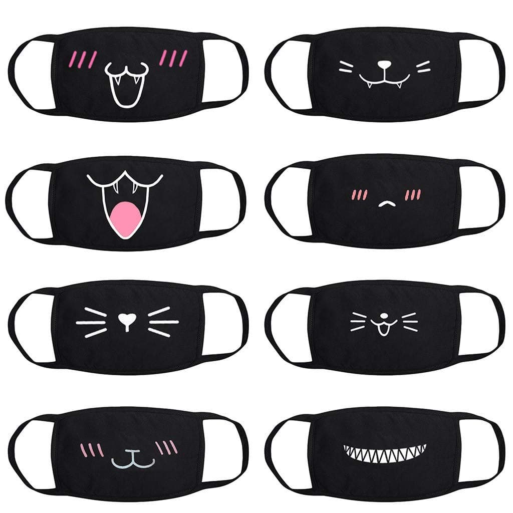 8 Pack Cartoon Sweet Cat Pattern Mouth Face Protective Cotton Anti-Dust Fashion Kawaii Cute Reusable & Washable (Black)