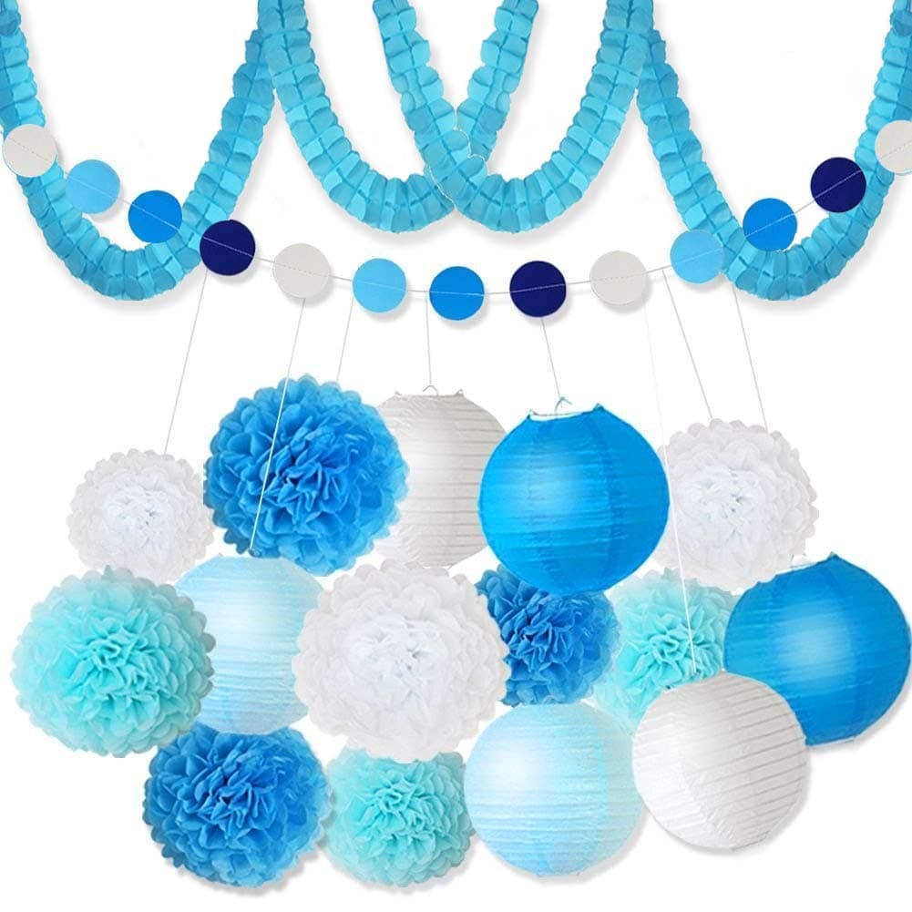 XFunino 18 Pcs Tissue Paper Flowers Pom Poms Decorations Theme Paper Lanterns Polka Dot Four Leaf Hanging Paper Garland 11.8ft for Baby Shower Wedding Birthday Party Supply, Blue