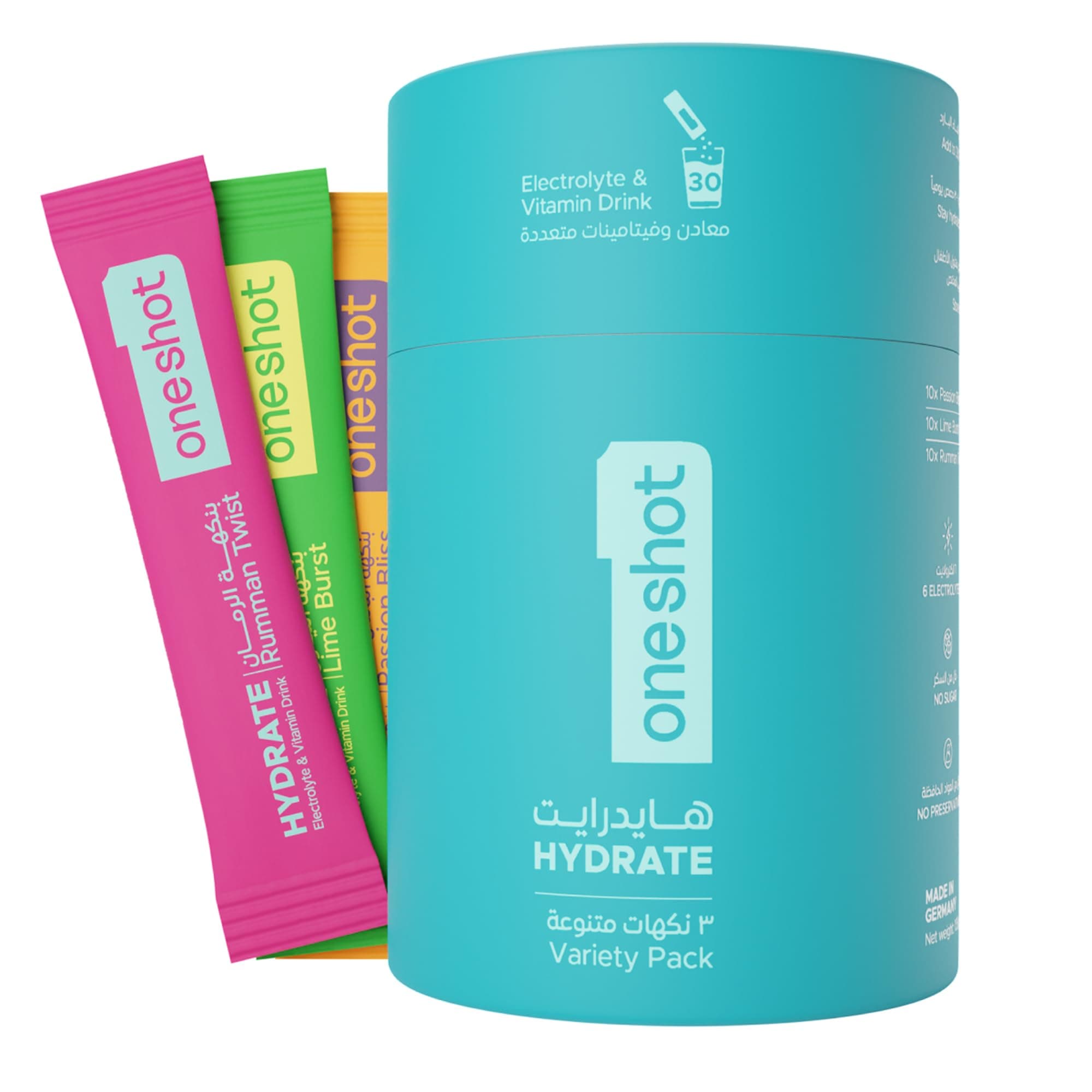 – oneshot Hydration Variety Pack, Sugar Free Electrolyte Powder Drink Mix with Vitamins and Zinc, No Aftertaste, Lime, Pomegrenate and Passion Fruit Flavors, 30 Sachets