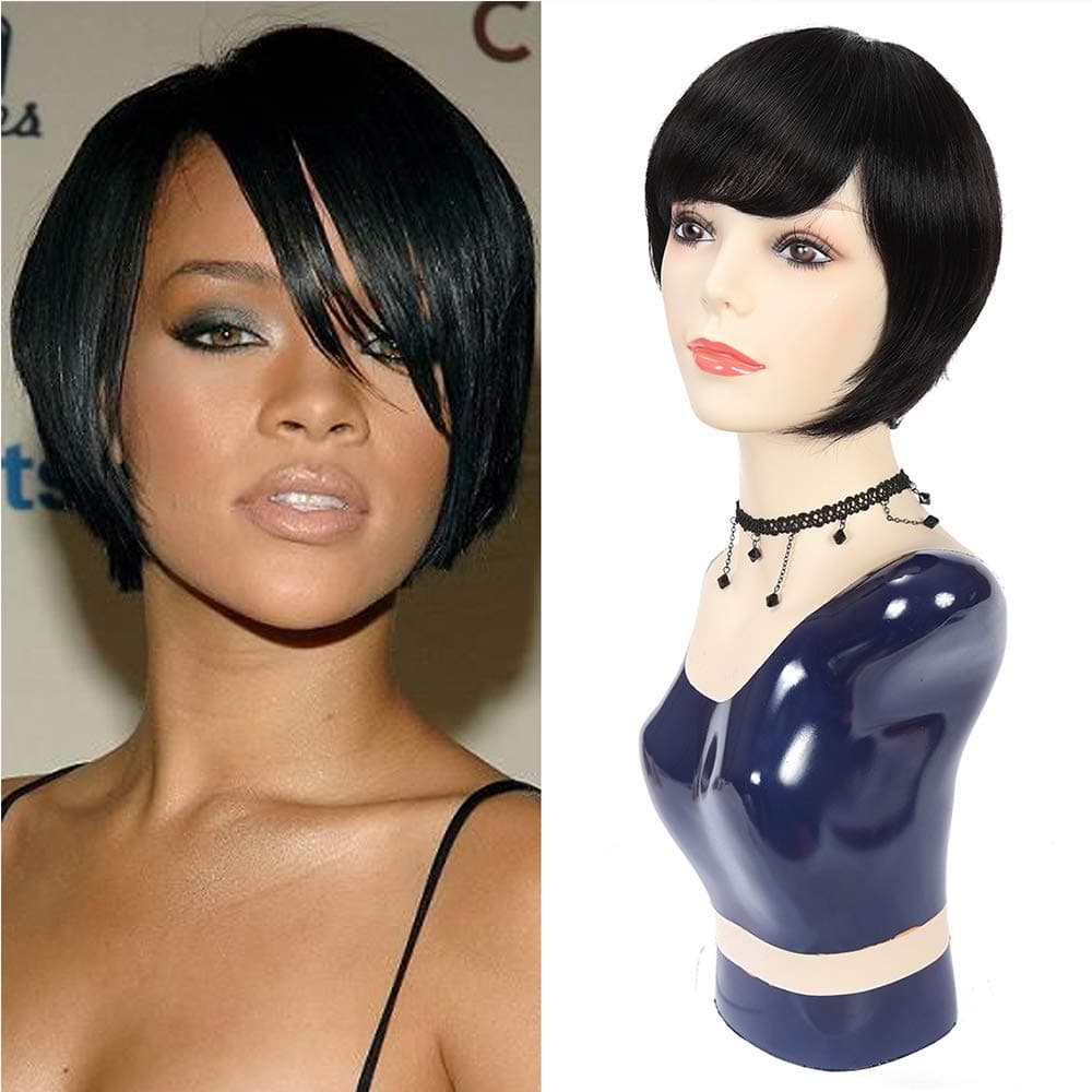 DRESSMAKER 100% Brazilian Human Hair Short Bob Wigs with Bangs No Lace Frontal Wig Machine Made Glueless Natural Black Color wigs(Emily)