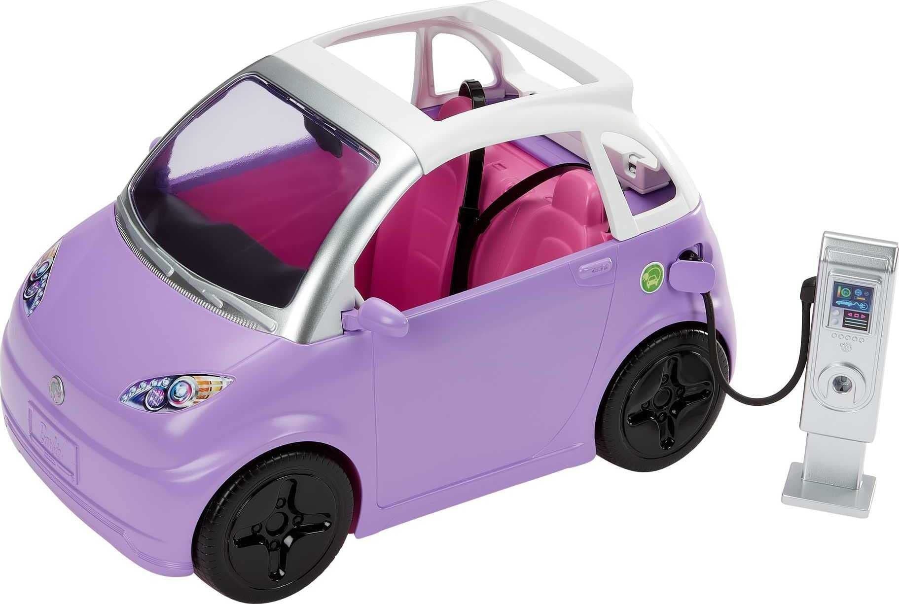 Doll Accessories, Toy Car Electric Vehicle with Charging Station, Plug & Sunroof, Purple 2-Seater Transforms into Convertible