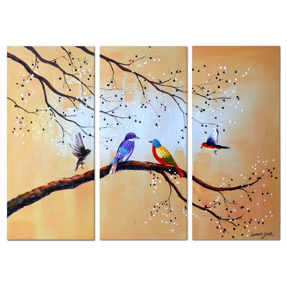 Global Artwork Hand Painted 3 Piece Modern Abstract Oil Paintings on Canvas Tree Birds Pictures Wall Art for Living Room Home Decor Framed, Yellow (42Wx32L inch)