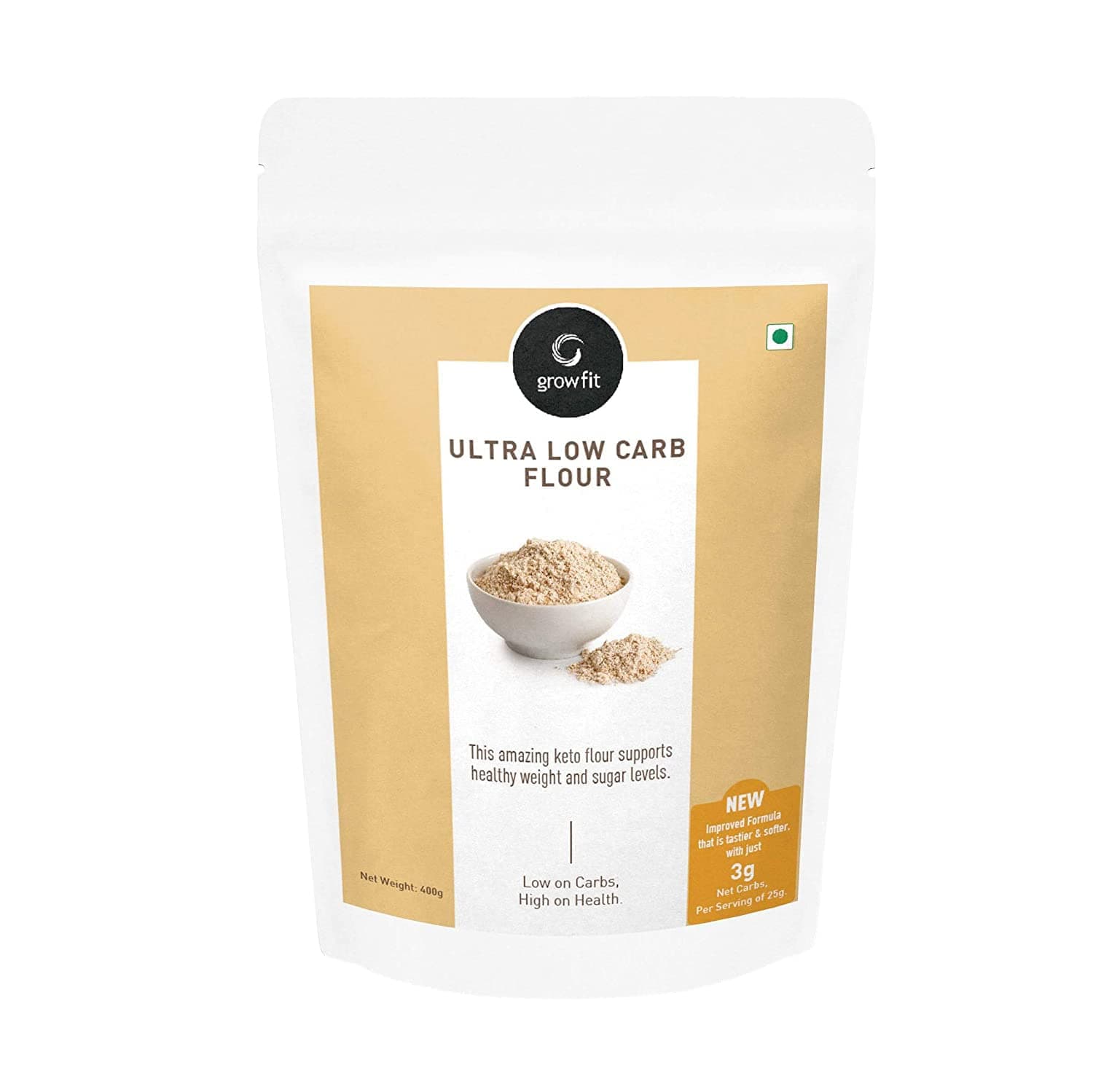 G growfit Ultra Low Carb Flour 400gm | Premium Almond Flour, Flax Seed, Sesame Seed | 3 G net Carbs | Keto Flour | 32% Protein per roti | Promotes Wellness - Prebiotics + Omega3 + Minerals | Keto Atta