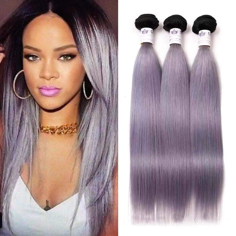 GEFINE Grade 7A Black Grey Hair Weave Two Tone Ombre 1b/Silver Gray Brazilian Human Hair Weaving Straight Virgin Hair Extensions 3 Bundles 18 20 20inch