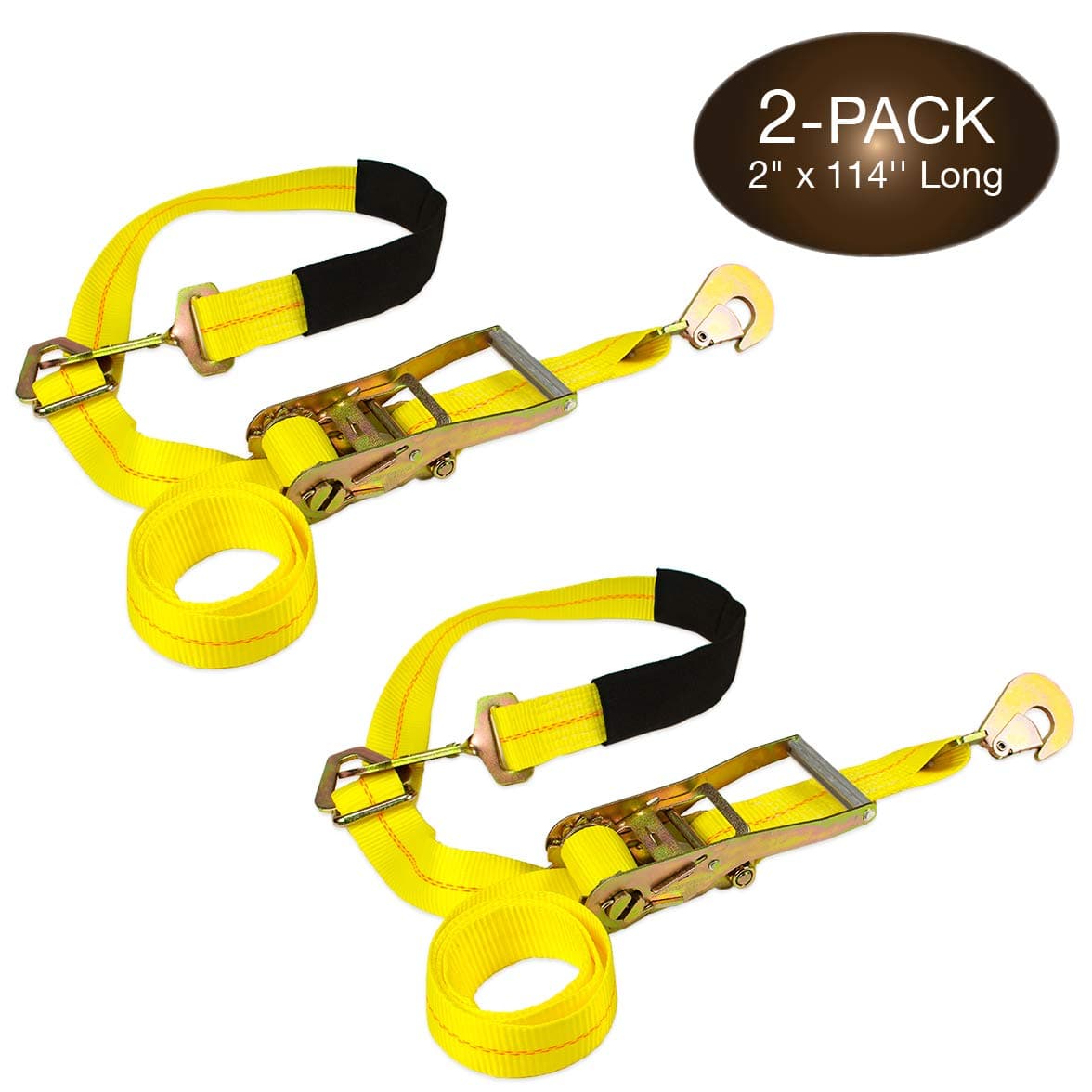 DC Cargo Mall2 Ratchet Axle Strap Tie Downs (2" Wide x 114" Long - 2 Pack) with Adjustable Ring and Slipfree Webbing for Secure Auto Hauling, Heavy-Duty Tow Straps for Car Trailers and Auto Carriers
