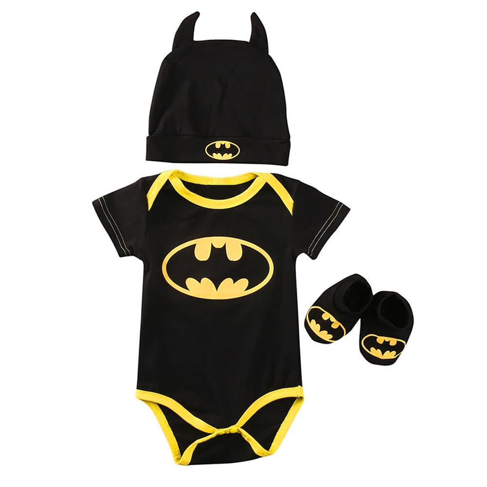 Batman Emblem Baby Clothes Newborn Infant Bay Romper Bat Man Outfit Set Including Bodysuit/Feet Cover/Hat Summer Climbing Suit for 0-3 Years Boys and Girls, Black(short sleeve/70)