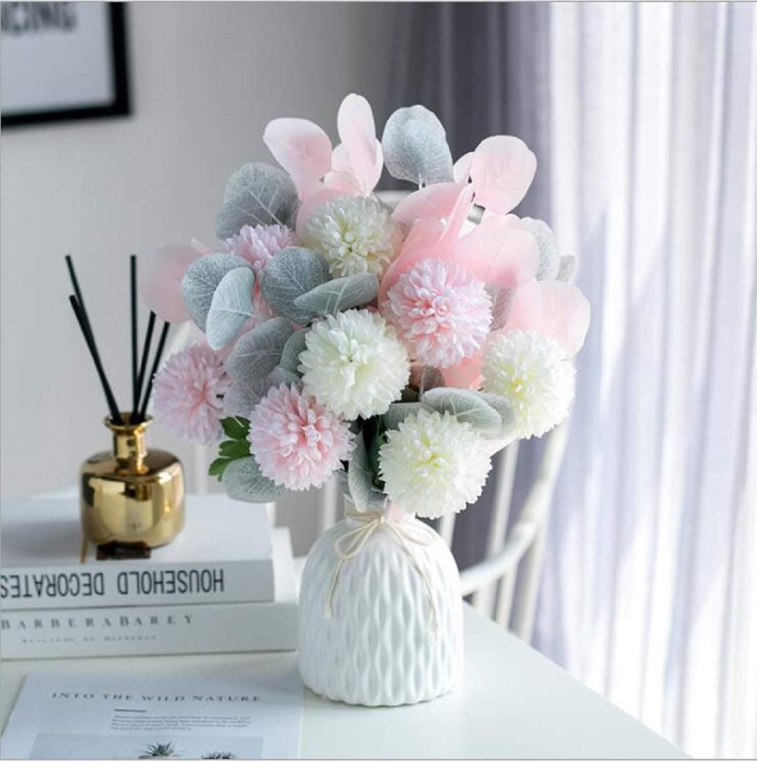 FLCSIed Artificial Flowers Vintage Chrysanthemum Floral Eucalyptus Silk Flowers for Bridal Wedding Bouquet Table Centerpiece Home Party Decor（Vase not included） (Pink)