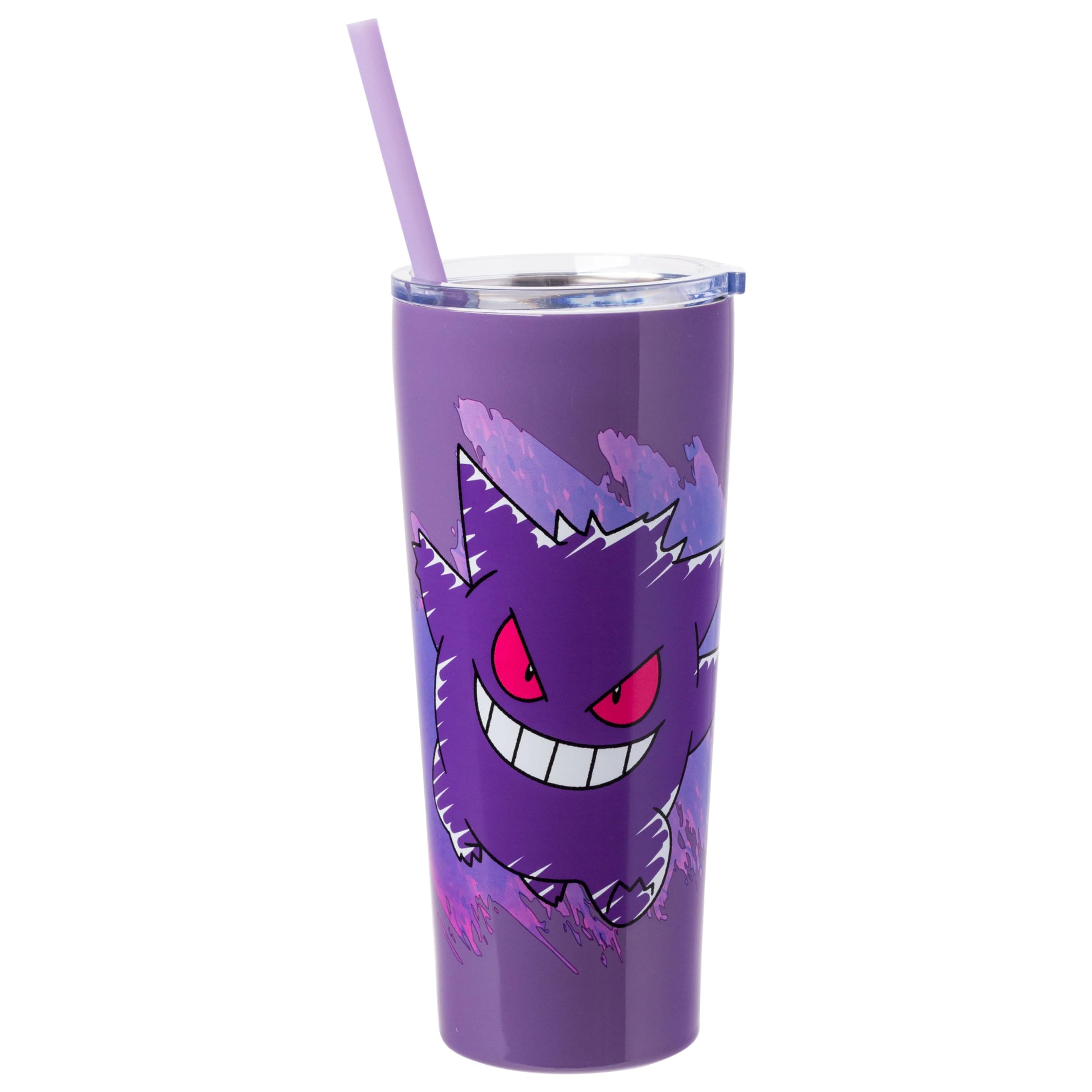 Silver Buffalo Pokemon Gengar Double-Walled Stainless Steel Purple Tumbler with Lid and Reusable Straw, 22 Ounces