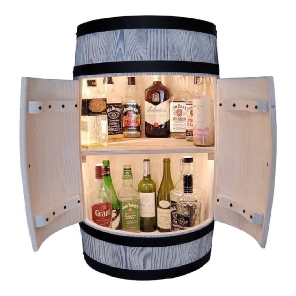 Wooden Barrel with Door. Mini Bar LED Lighting - White Wooden Shelf Handmade Vintage Chest of Drawers Wine Bar Bottle Shelf - Storage for 40 Bottles, Whiskey Rack - Barrel