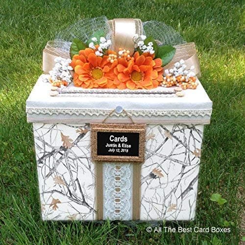 Camo Wedding Card Box, Card Holder for Weddings, camouflage fabric, Handmade, Personalized, Holds 50 cards, Beige, pick your flower and ribbon colors, All The Best Card Boxes